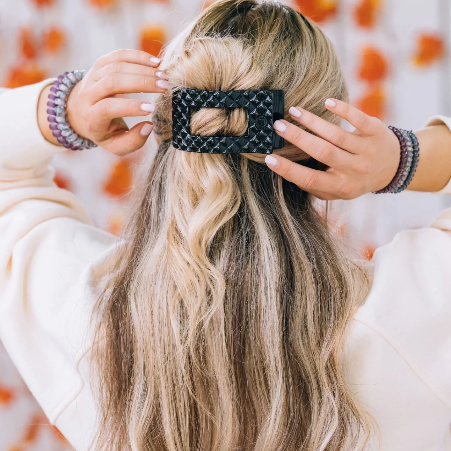 Jet Black Quilted Medium Flat Rectangle Hair Clip