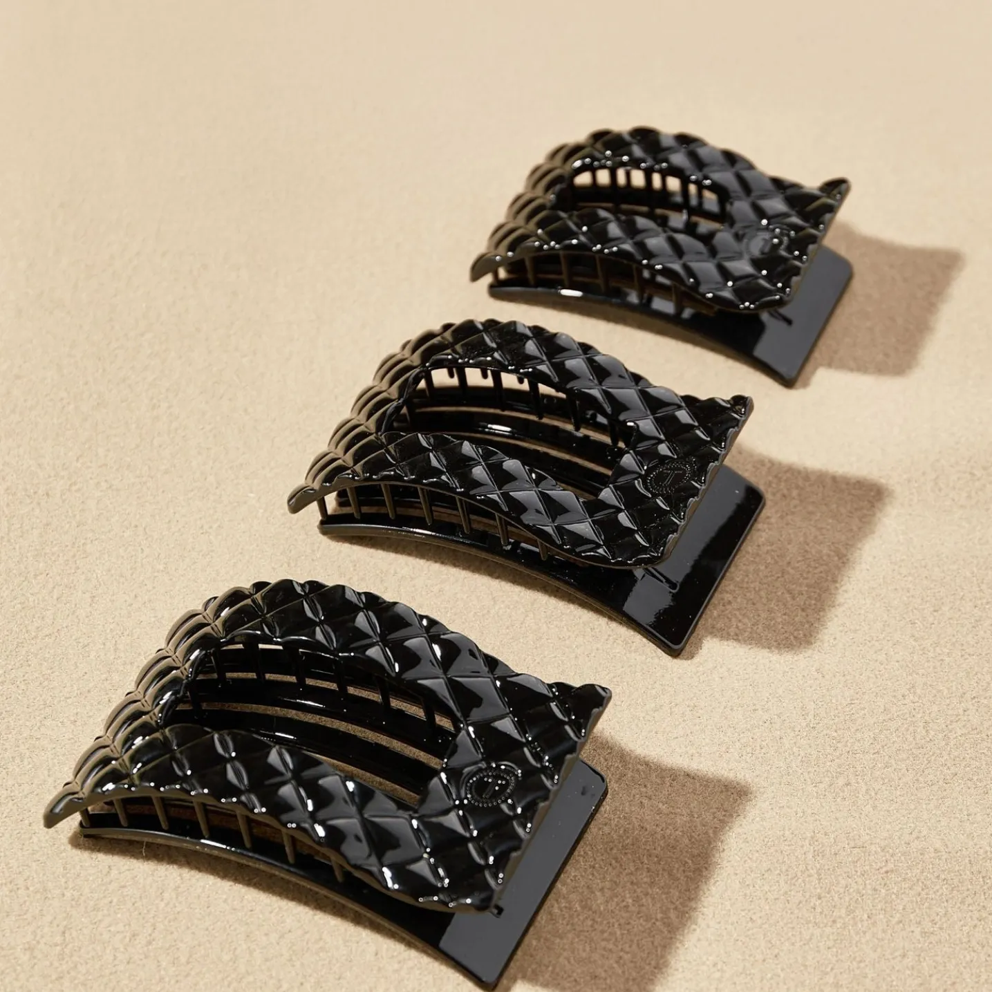 Jet Black Quilted Medium Flat Rectangle Hair Clip